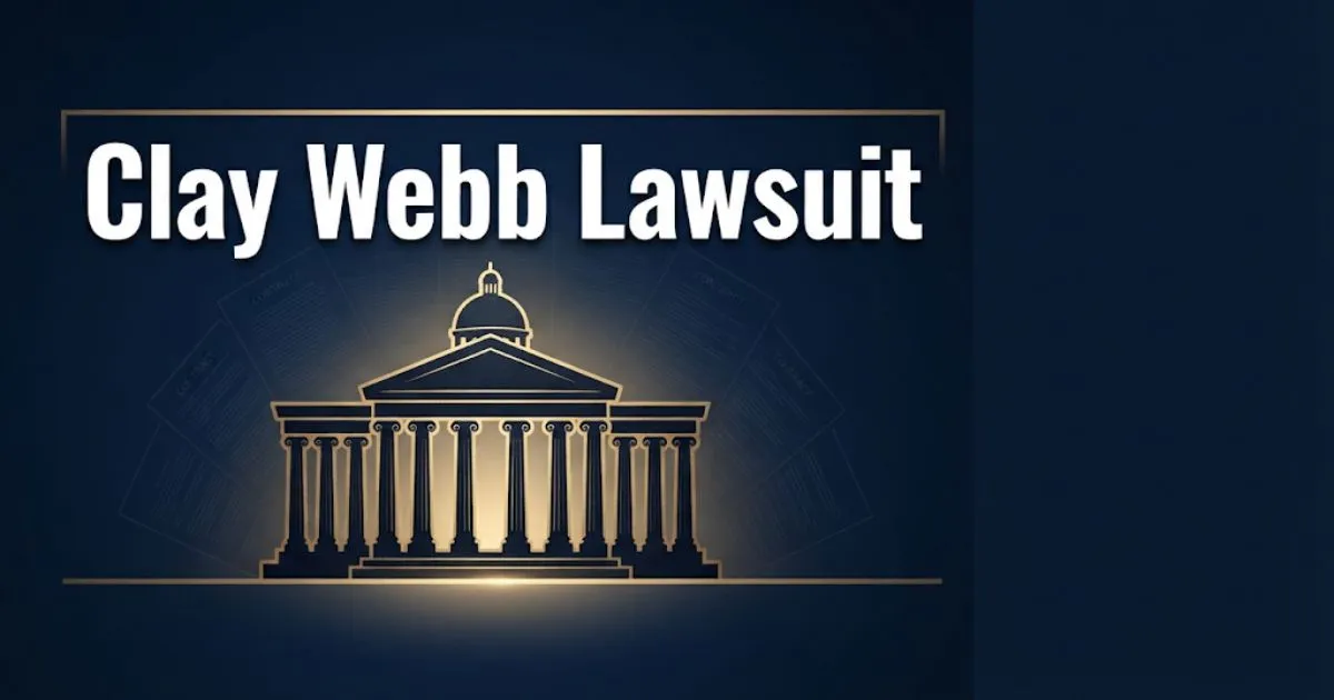 Clay Webb lawsuit hero banner with courthouse silhouette and bold headline text on navy background