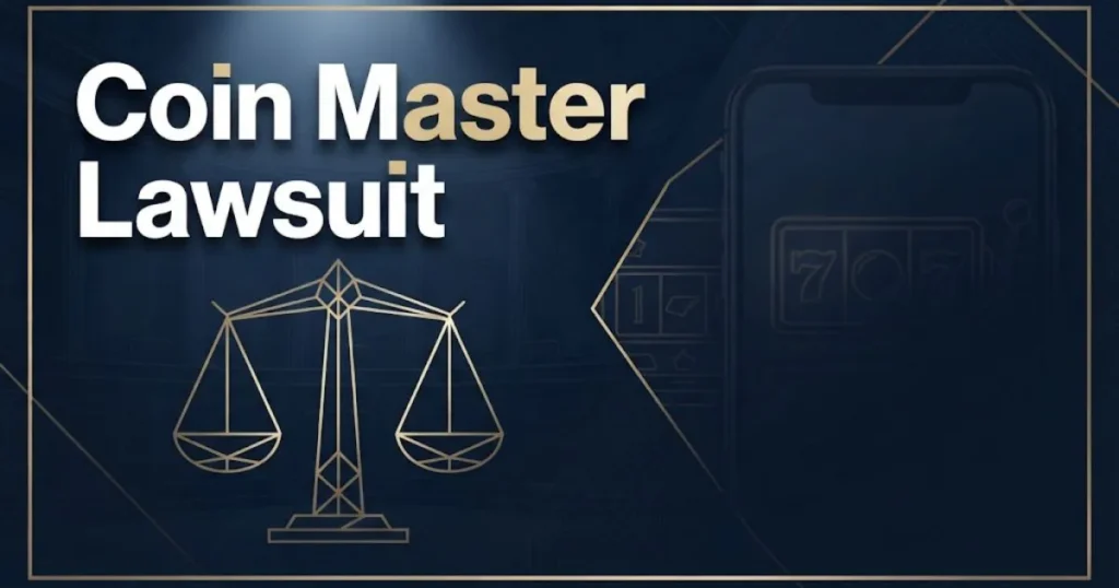 Coin Master Lawsuit hero banner with legal scales and smartphone slot machine graphic on dark navy background