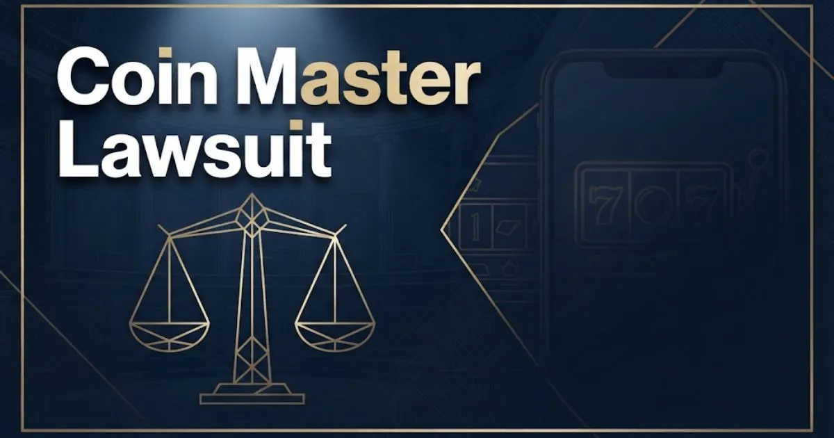 Coin Master Lawsuit hero banner with legal scales and smartphone slot machine graphic on dark navy background