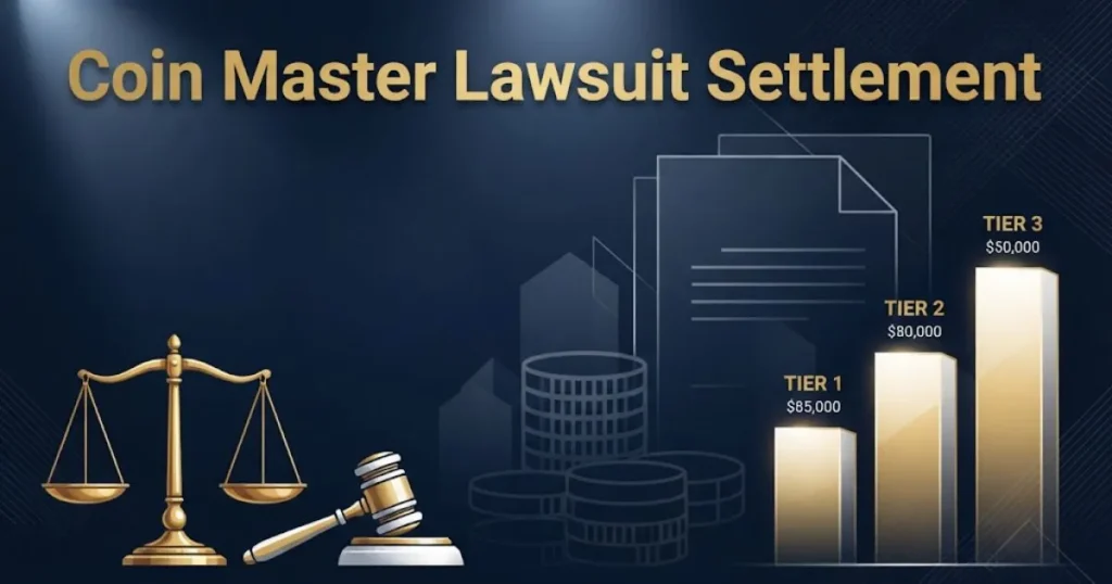 Coin Master Lawsuit settlement graphic with gavel silhouette and payout tier chart on navy background