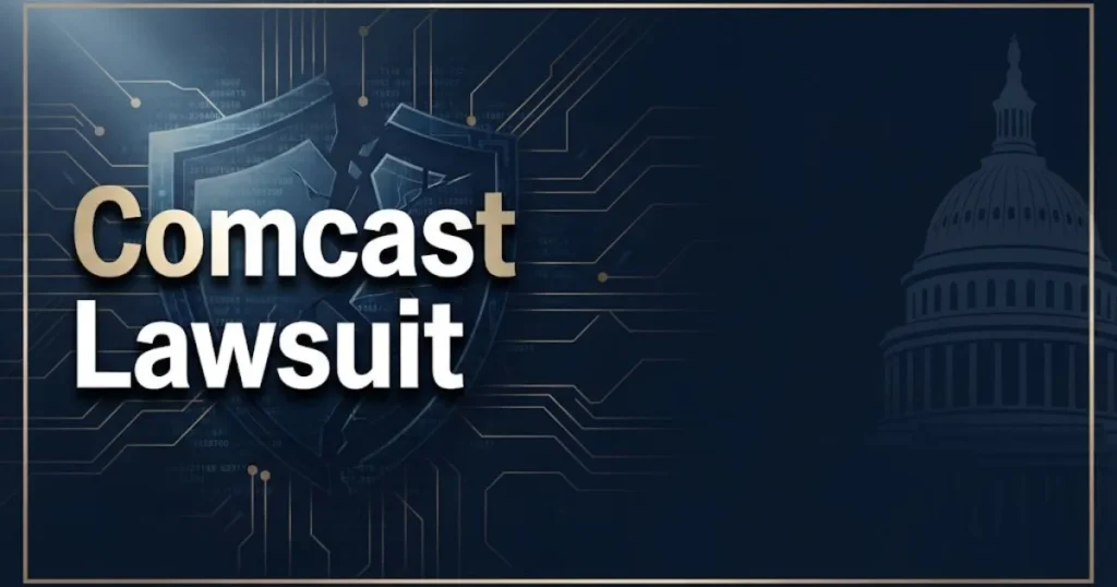 Comcast lawsuit hero banner with data breach theme, navy and gold legal design