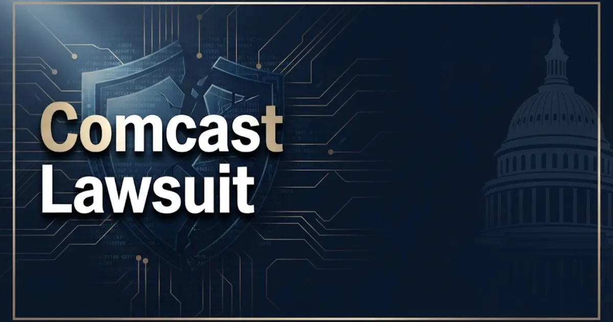 Comcast lawsuit hero banner with data breach theme, navy and gold legal design
