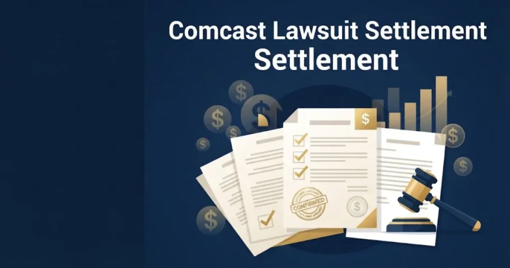 Comcast lawsuit settlement graphic with payout tiers and legal document icons