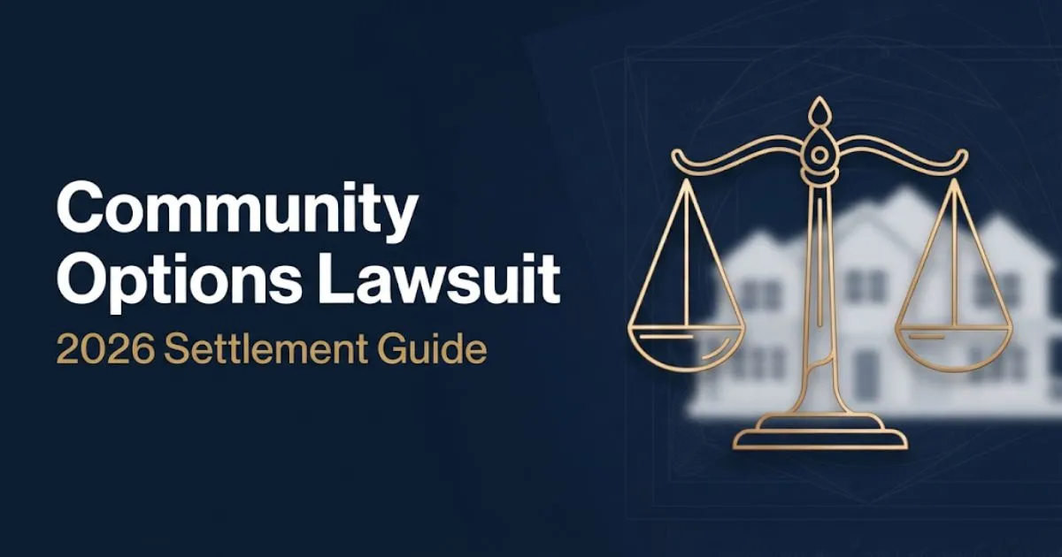Community Options Lawsuit 2026 hero banner with gold scales of justice and group home silhouette on navy background