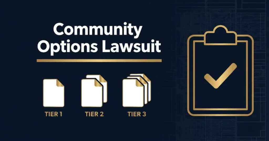 Community Options Lawsuit settlement tiers infographic with document icons and clipboard on navy background