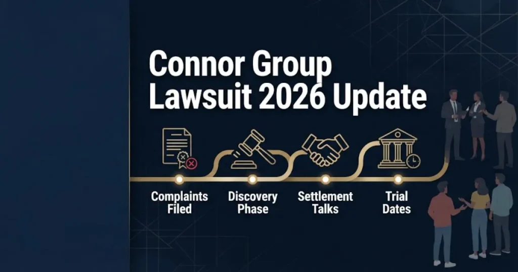Connor Group lawsuit 2026 update timeline infographic showing legal milestones and case phases