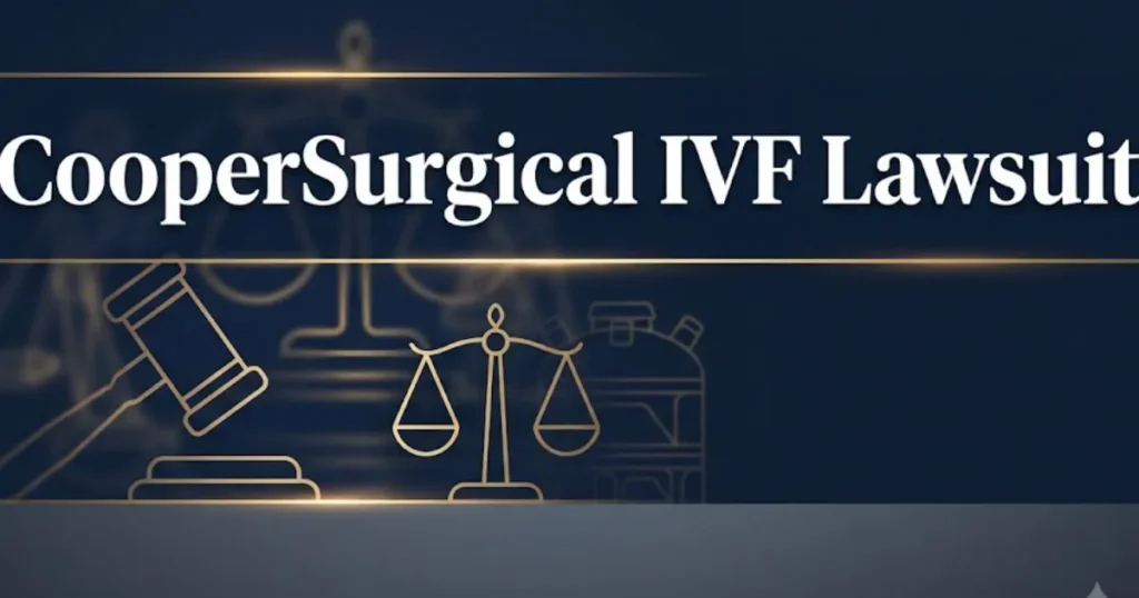 CooperSurgical IVF lawsuit hero banner with legal symbols and cryogenic tank imagery