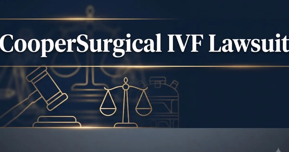CooperSurgical IVF lawsuit hero banner with legal symbols and cryogenic tank imagery