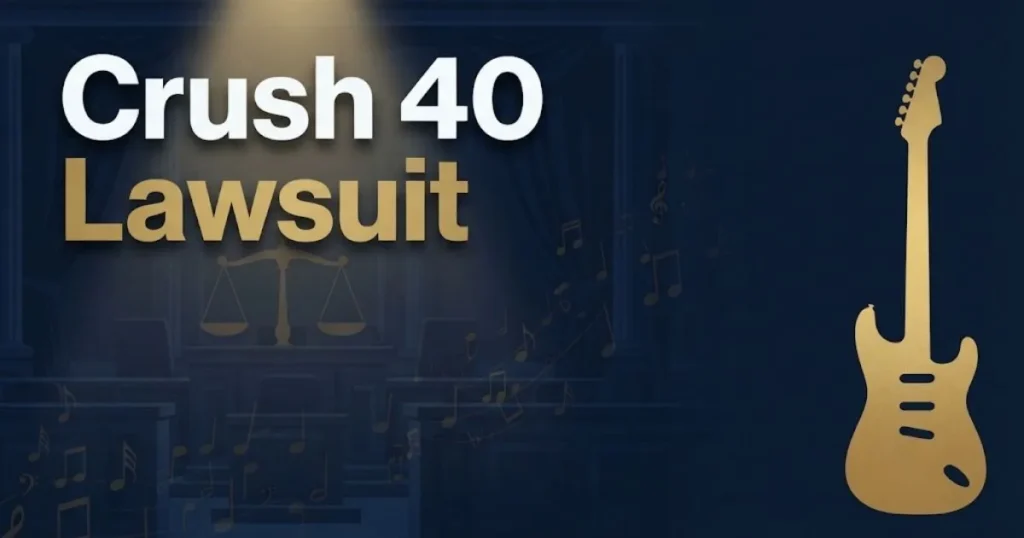 Crush 40 Lawsuit hero banner with gold scales of justice and guitar silhouette on navy background