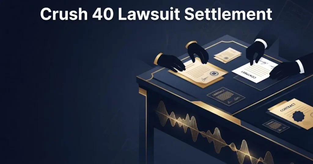 Crush 40 Lawsuit settlement graphic with contract documents and musical waveforms in navy and gold