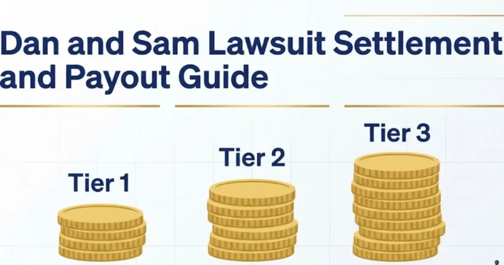 Dan and Sam lawsuit settlement payout tiers infographic with legal icons