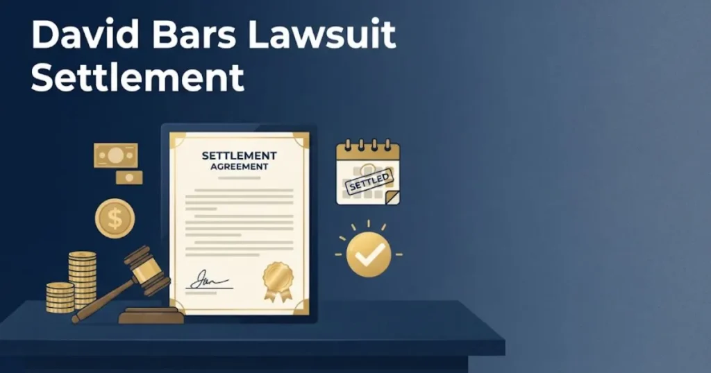 David Bars Lawsuit settlement graphic showing agreement document icons and gold headline on navy background