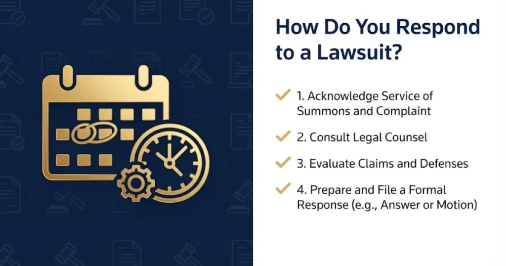 Deadline themed graphic with checklist and text how do you respond to a lawsuit on navy background
