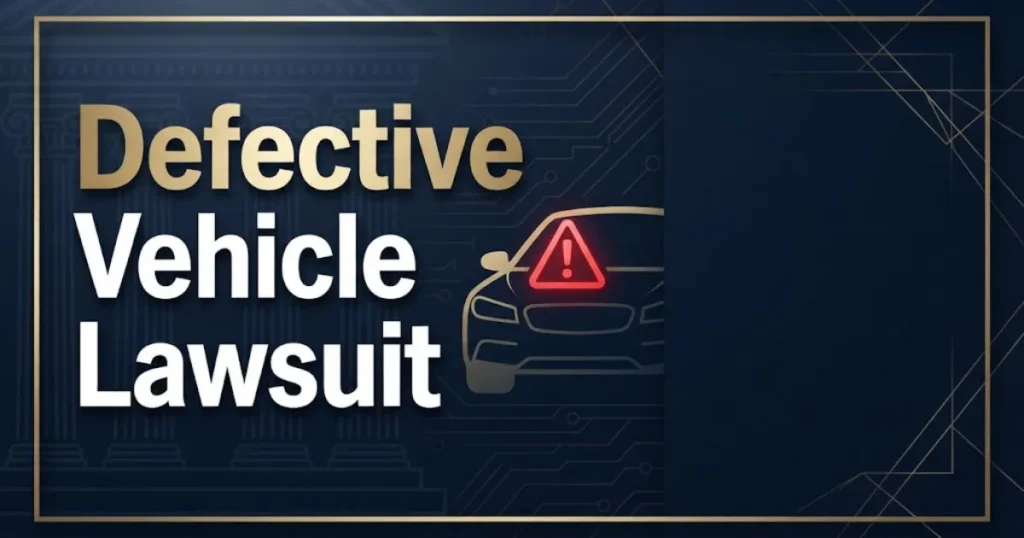 Defective vehicle lawsuit hero banner with warning symbol on car silhouette, navy and gold legal theme
