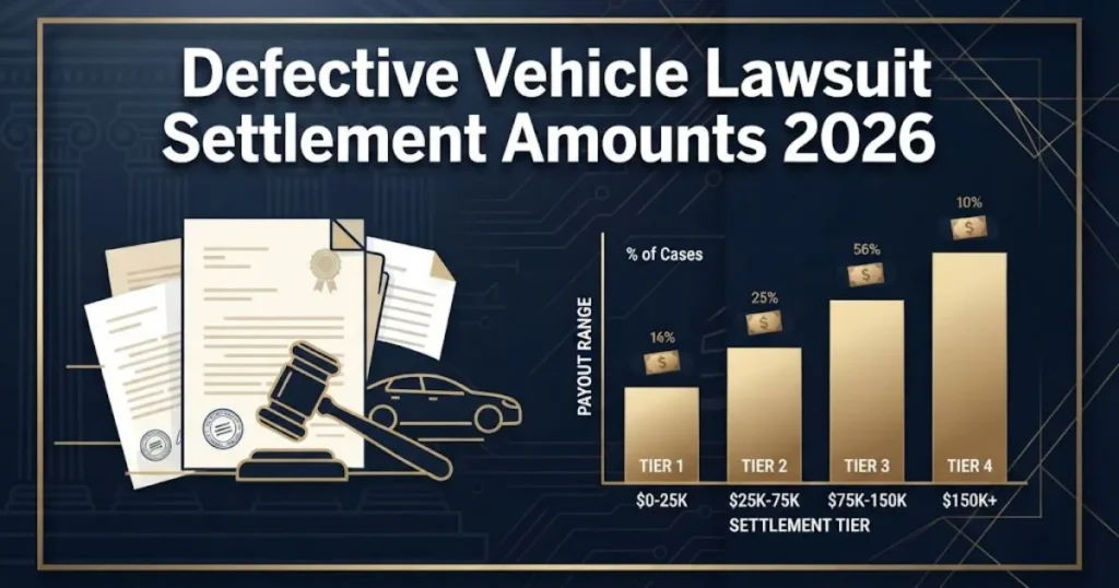 Defective vehicle lawsuit settlement amounts graphic with legal documents and payout chart visualization