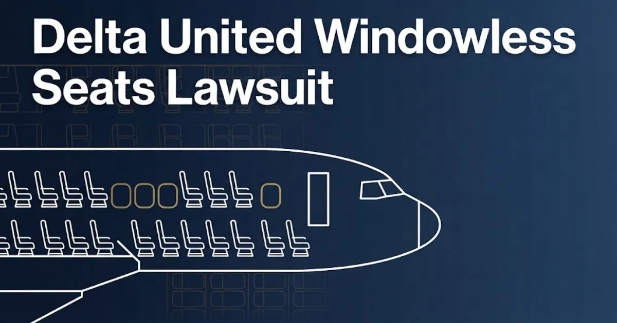 Delta United Windowless Seats Lawsuit hero banner showing airplane fuselage with missing windows and legal theme