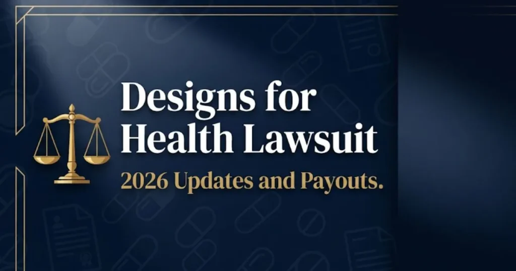 Designs for health lawsuit 2026 hero banner with legal scale icon and supplement imagery
