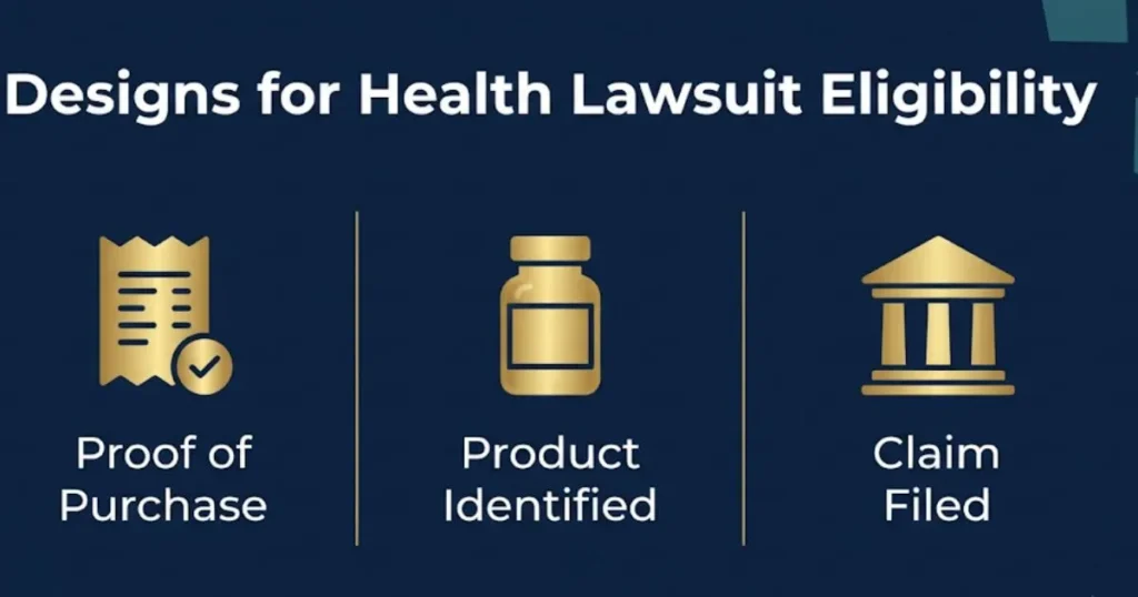 Designs for health lawsuit eligibility infographic showing claim requirements and timeline