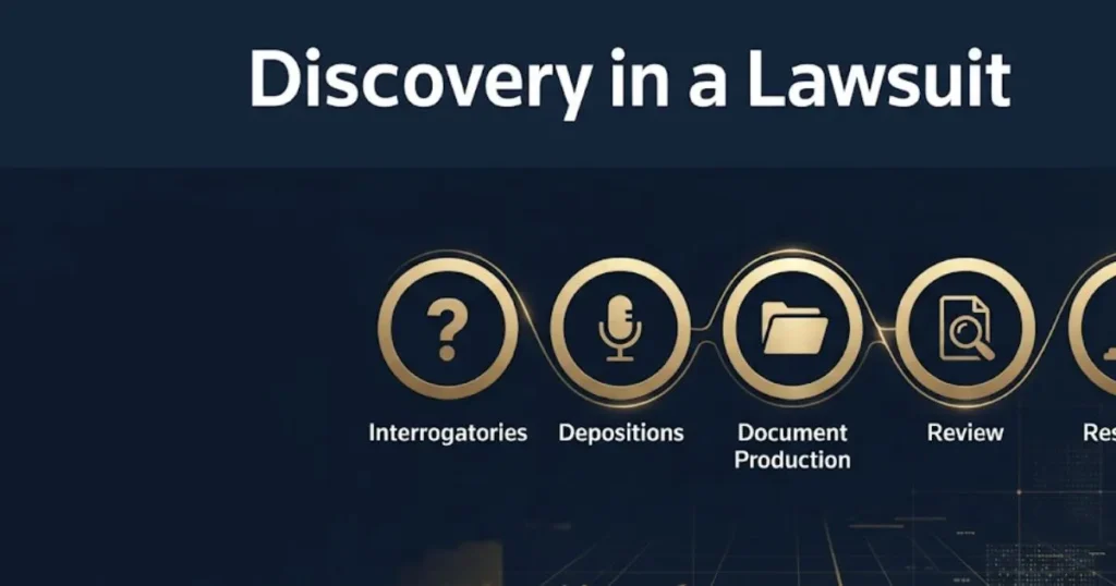 Discovery in a lawsuit timeline infographic showing the five main steps of the discovery process