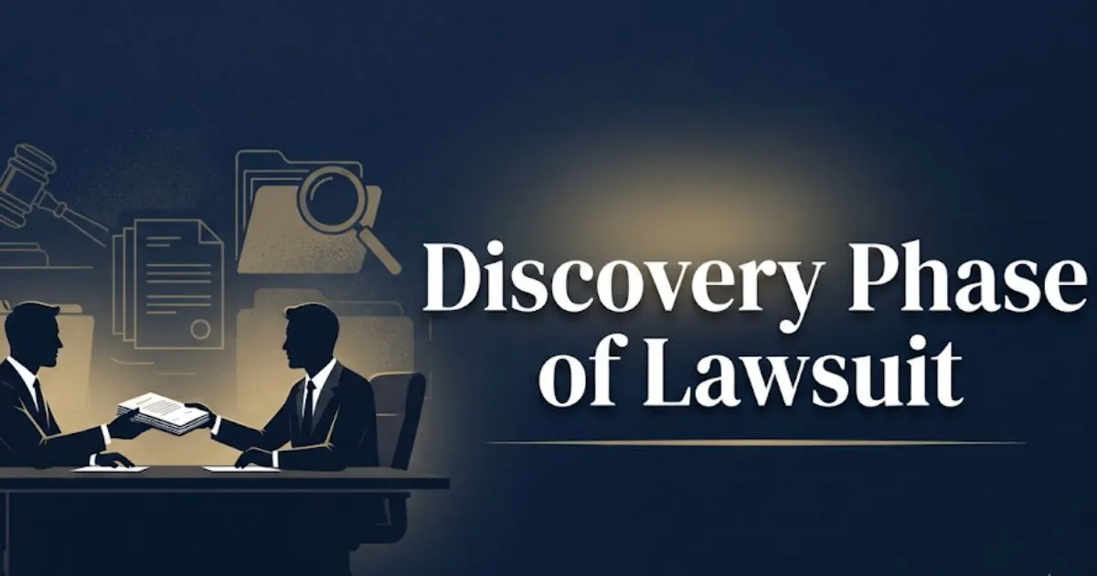 Discovery phase of lawsuit guide banner with legal icons and document exchange illustration