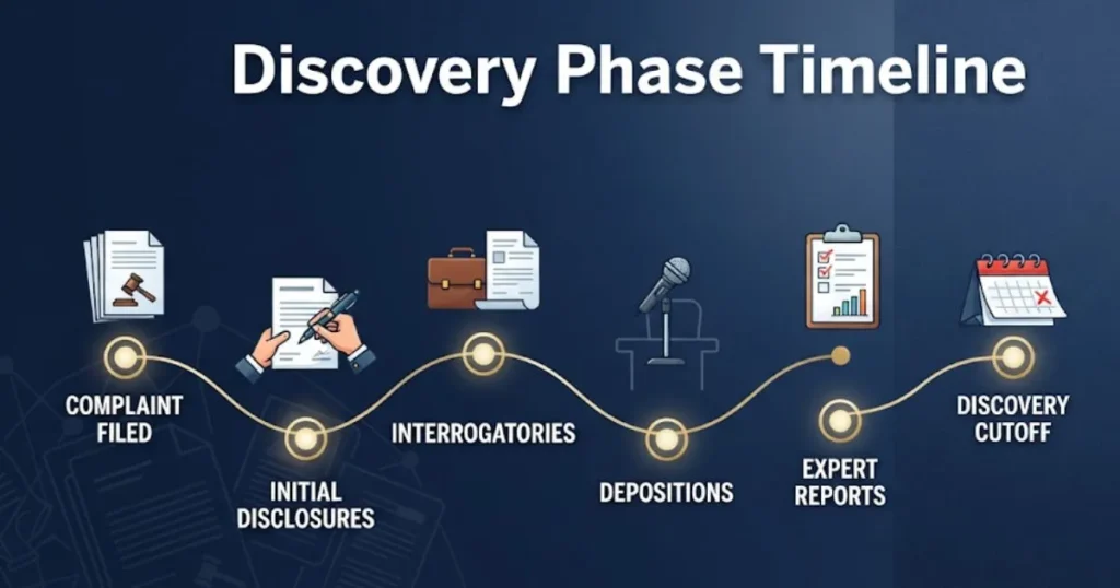 Discovery phase timeline infographic showing key stages from complaint to cutoff