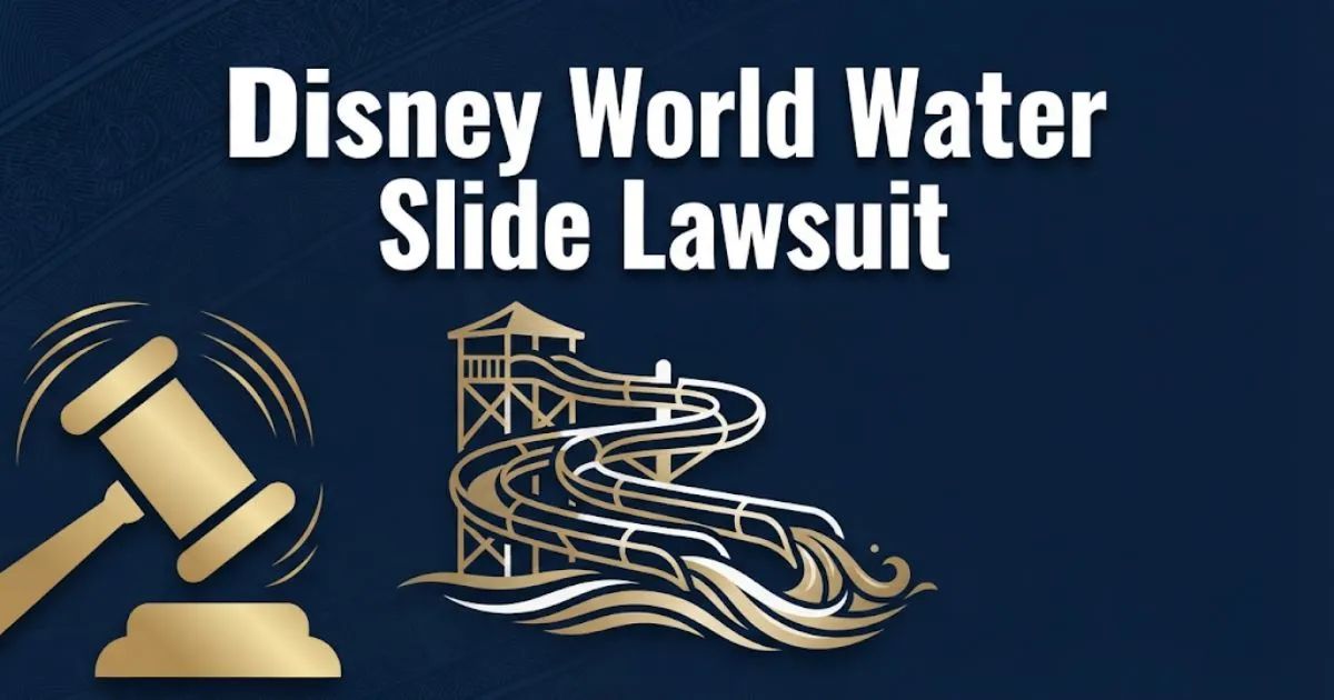 Disney World water slide lawsuit 2026 hero banner with gavel and water slide silhouette