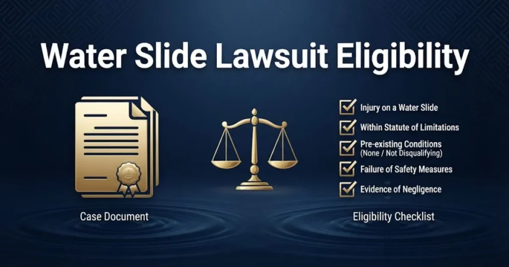Disney water slide lawsuit eligibility checklist graphic with legal icons and scales