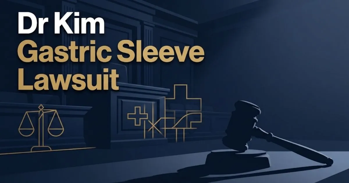 Dr Kim gastric sleeve lawsuit hero banner with navy courtroom background and gold legal scales