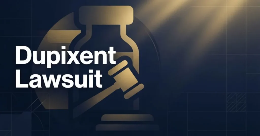Dupixent lawsuit hero banner with pharmaceutical vial and gavel icons in navy and gold editorial design