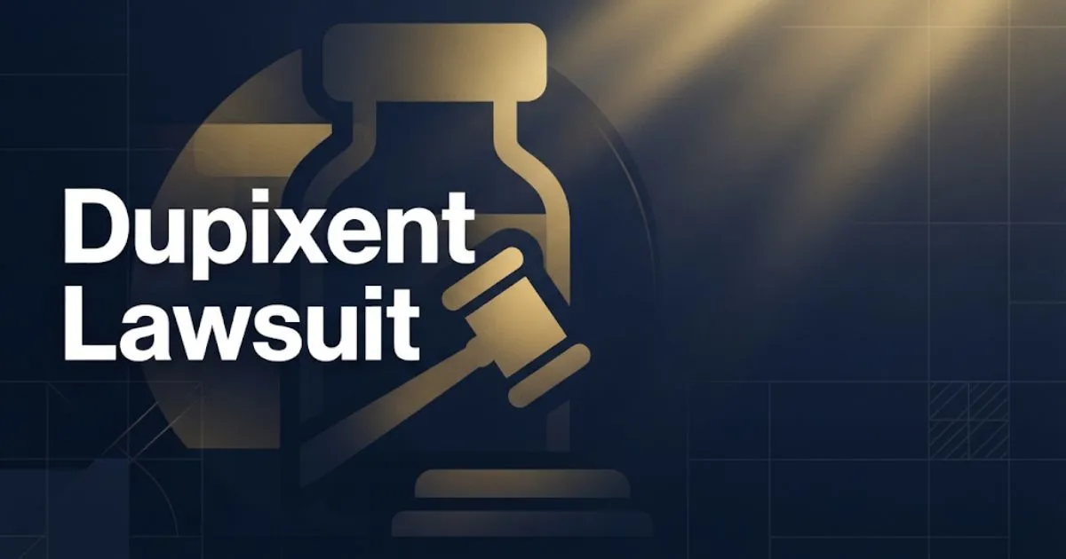Dupixent lawsuit hero banner with pharmaceutical vial and gavel icons in navy and gold editorial design