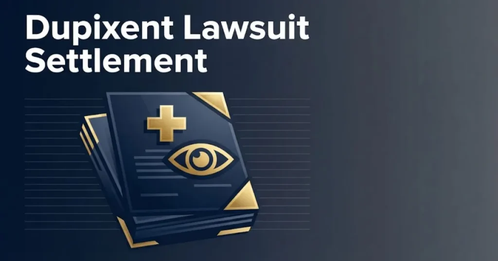 Dupixent lawsuit settlement graphic with medical and legal icons in navy blue and gold editorial style