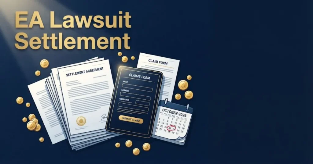 EA Lawsuit Settlement graphic with legal documents, gold coins, and October 2026 deadline calendar