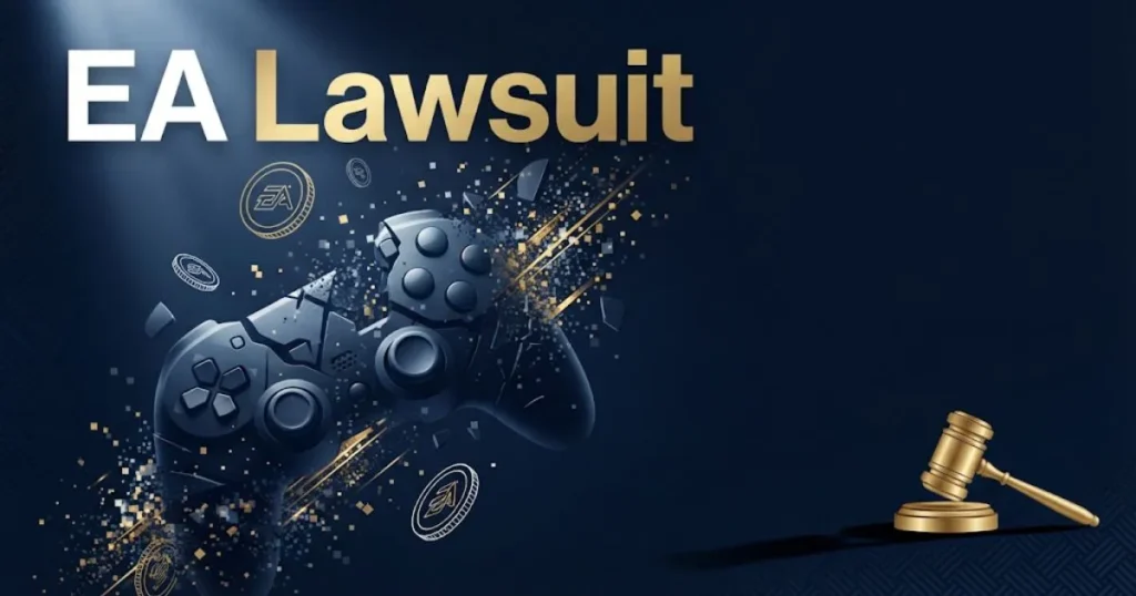EA Lawsuit hero banner with gavel icon and shattered gaming elements on navy background