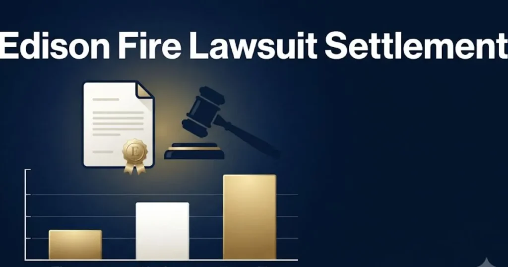 Edison fire lawsuit settlement comparison chart with gavel icon and legal document design
