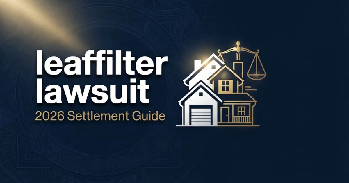 Editorial banner displaying leaffilter lawsuit headline with stylized home and legal scales on navy background