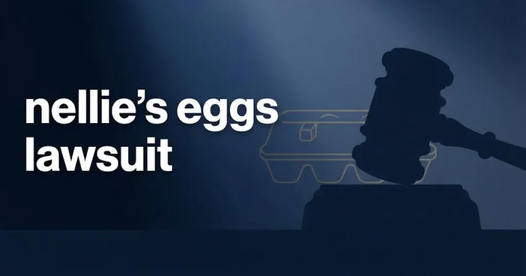 Editorial banner for nellie's eggs lawsuit with legal gavel and egg carton imagery in navy and gold