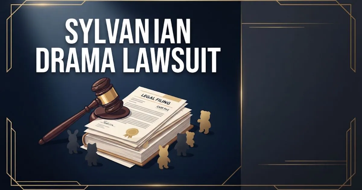 Editorial banner for sylvanian drama lawsuit with gavel, legal documents, and animal figurine silhouettes on navy background
