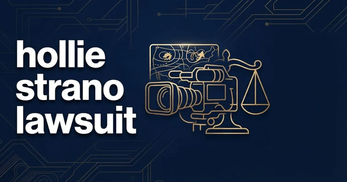 Editorial banner reading hollie strano lawsuit with broadcast camera silhouette and legal scales on navy background