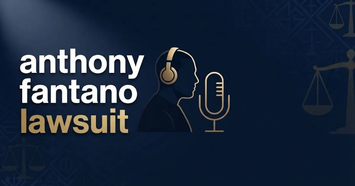 Editorial banner showing anthony fantano lawsuit headline with legal symbols and music critic silhouette in navy and gold