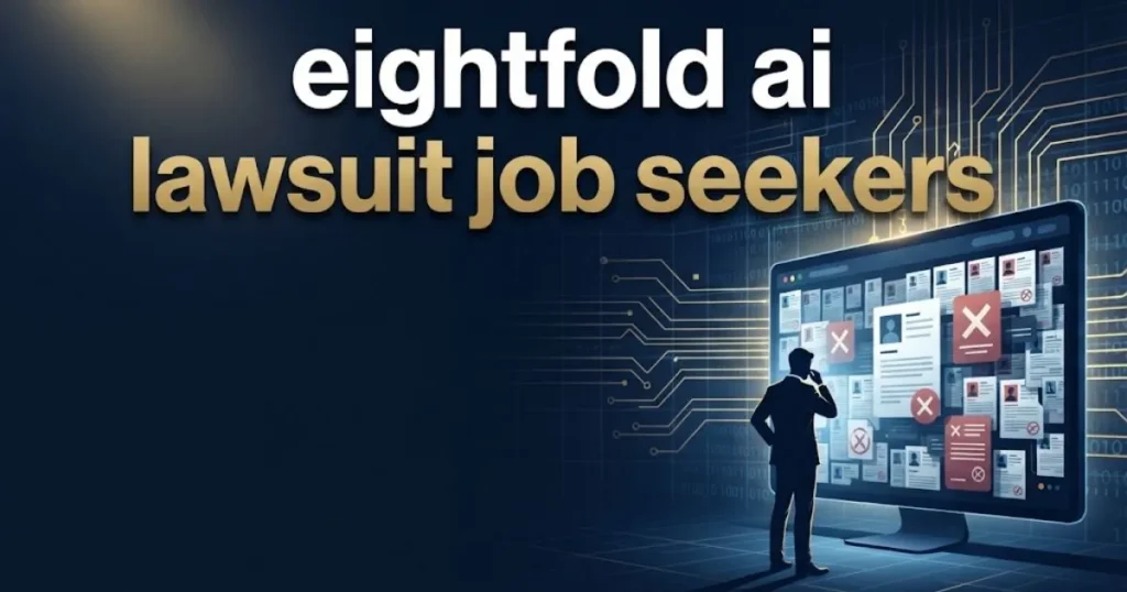 Editorial banner showing eightfold ai lawsuit job seekers headline with digital AI hiring background in navy and gold