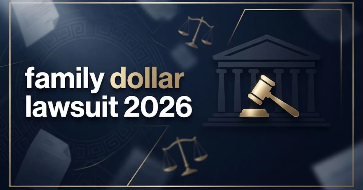 _Editorial banner showing family dollar lawsuit 2026 headline with courthouse silhouette and gold legal icons on navy background