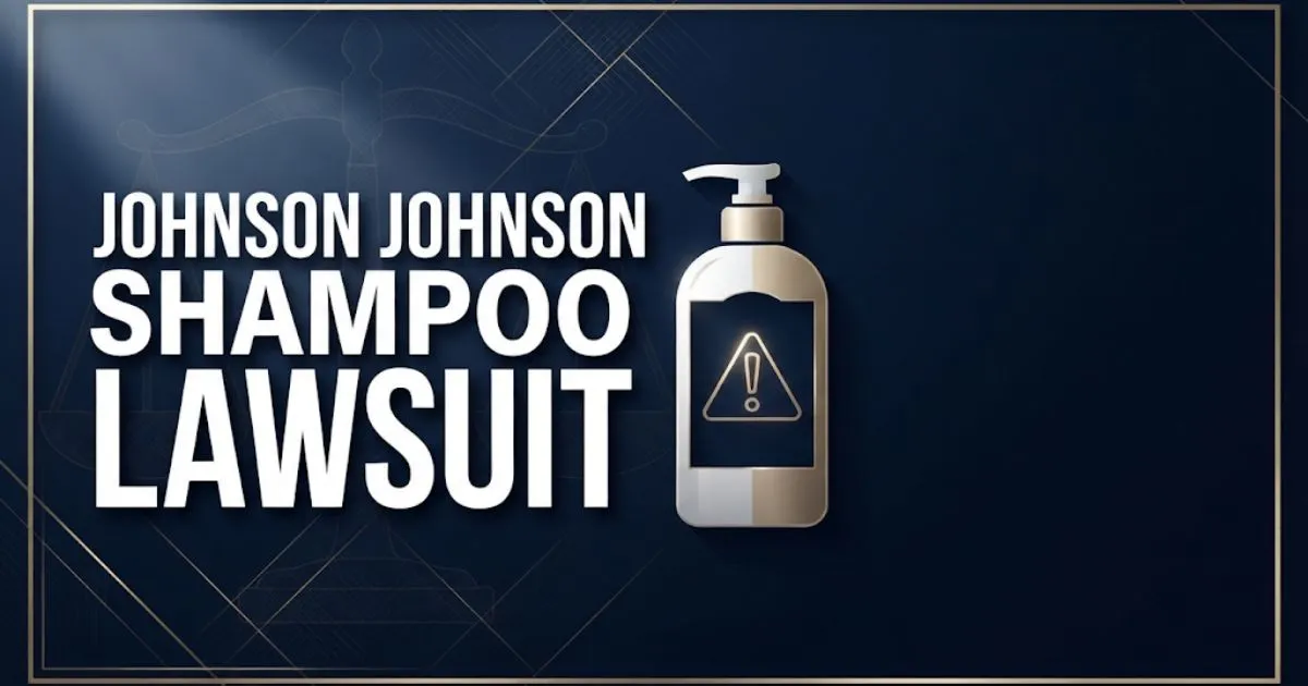 Editorial banner showing johnson johnson shampoo lawsuit headline with legal scales icon on navy background