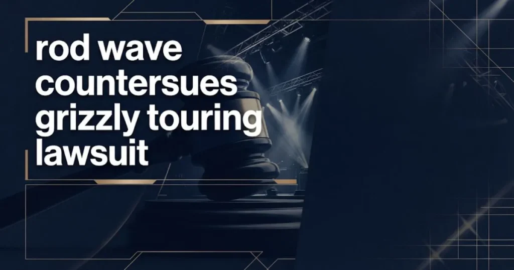 Editorial banner showing rod wave countersues grizzly touring lawsuit headline with abstract gavel and concert stage graphics in navy and gold