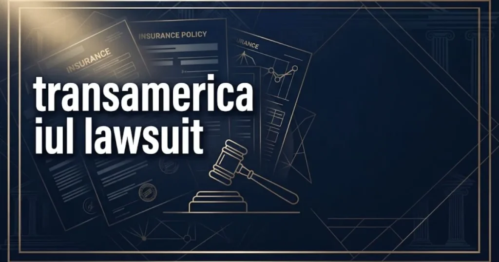 Editorial banner showing transamerica iul lawsuit headline over abstract legal documents and gavel in navy and gold tones