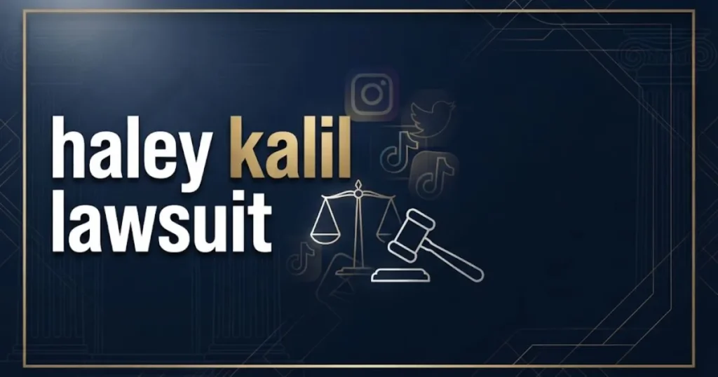 Editorial banner with bold haley kalil lawsuit headline text over navy blue legal themed abstract background with gold accents