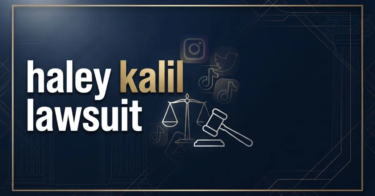 Editorial banner with bold haley kalil lawsuit headline text over navy blue legal themed abstract background with gold accents