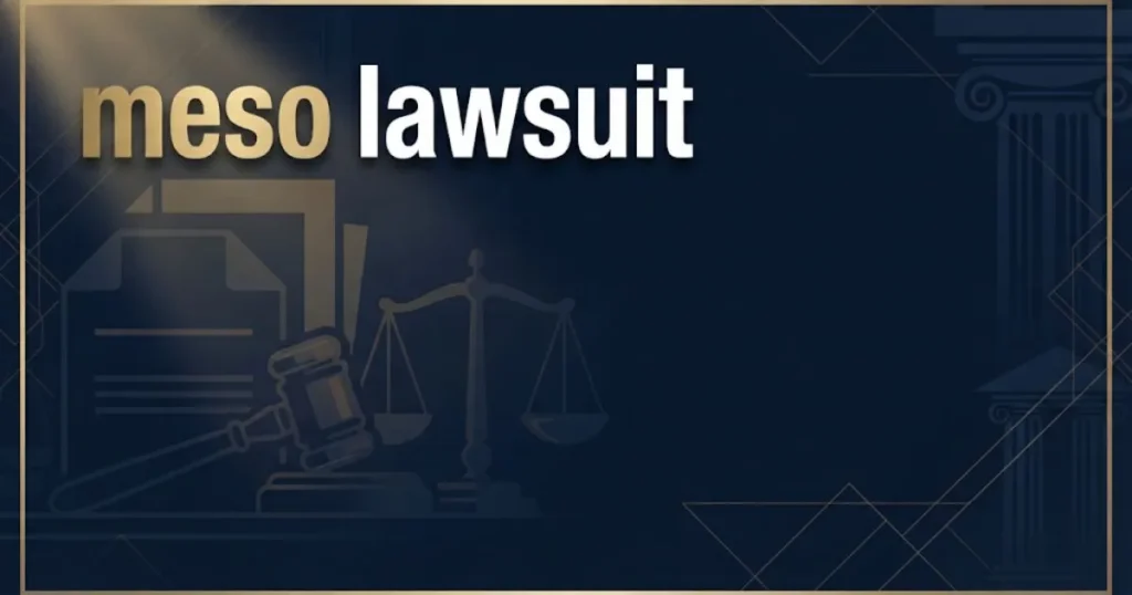 Editorial banner with bold meso lawsuit headline text over navy blue legal themed background with gavel and scales icons