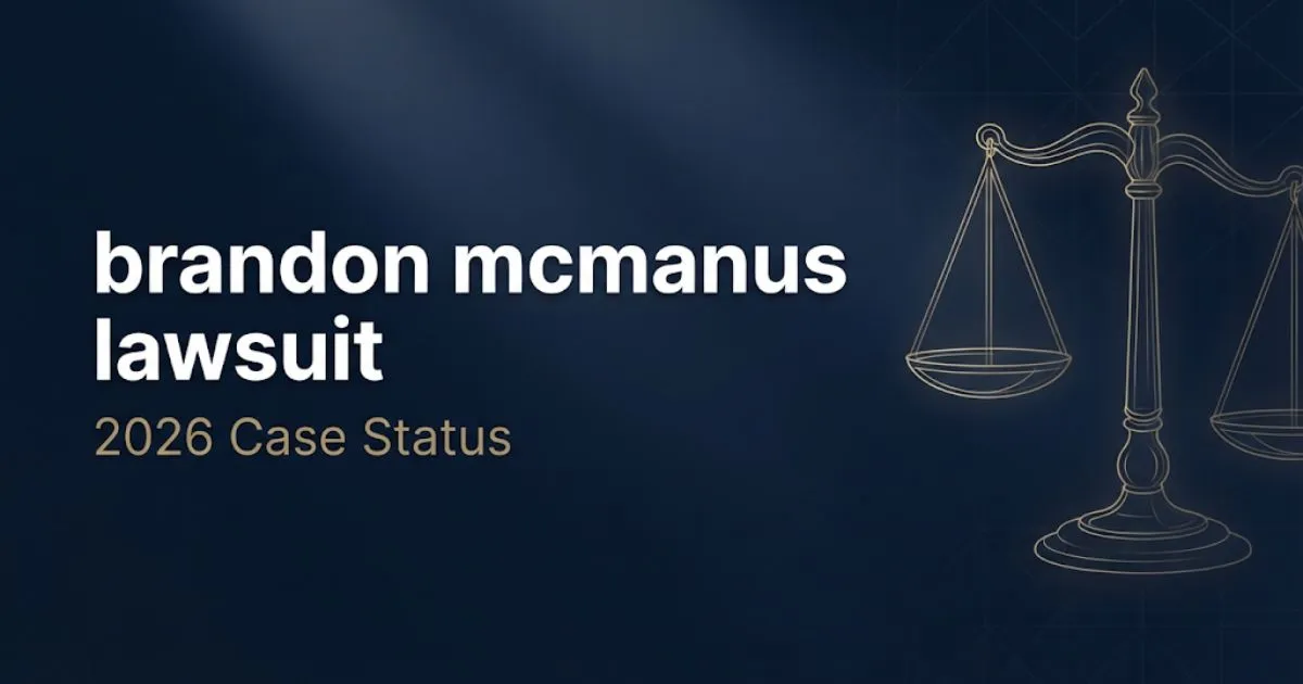 Editorial banner with brandon mcmanus lawsuit headline in white text on navy background with gold legal scales icon