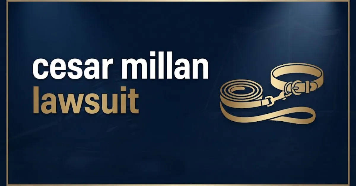 Editorial banner with cesar millan lawsuit headline over navy blue courtroom silhouette background