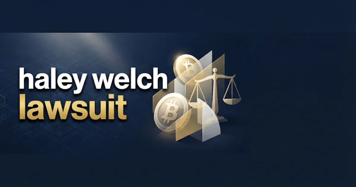 Editorial banner with haley welch lawsuit headline over navy blue blockchain and legal scales graphic